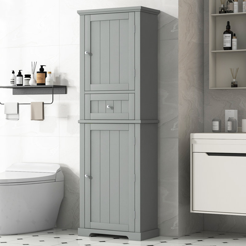 Grande armoire de rangement pour salle de bain, armoire de rangement autoportante avec tiroir et tablette réglable, panneau de fibres à densité moyenne avec finition peinte, gris