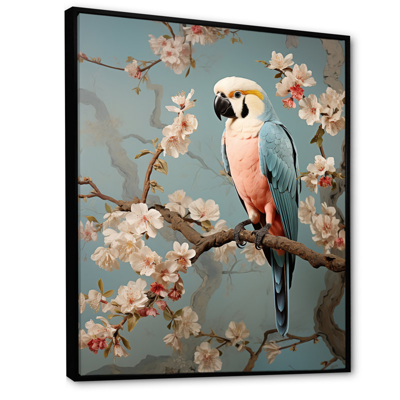 Art floral rétro perroquets rétro 2 - perroquet, Cadre flottant noir, H 40 po x l 30 po x P 1,5 po