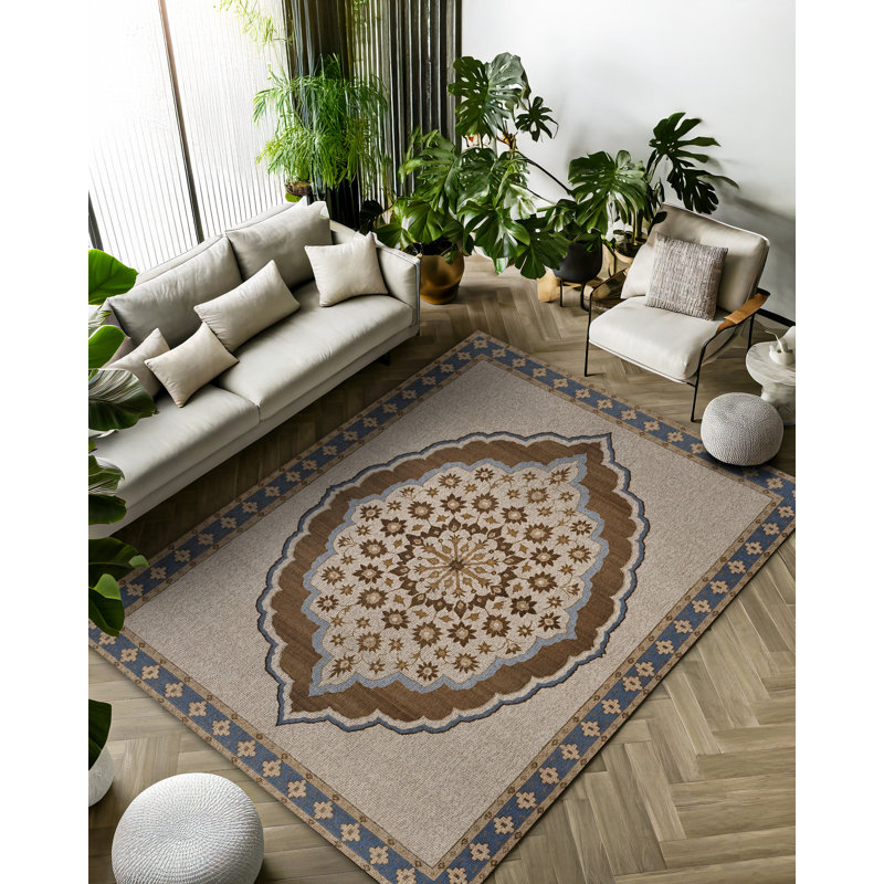 Isabel Collection Digital Print Cotton-Polyester Beige Brown Moroccan Rug, Rectangle 6'7" x 10'6"