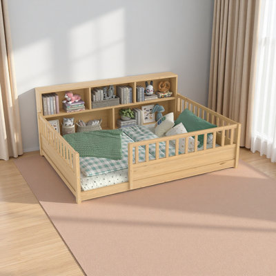 Lit en bois avec garde-corps de clôture et fonction de rangement latéral