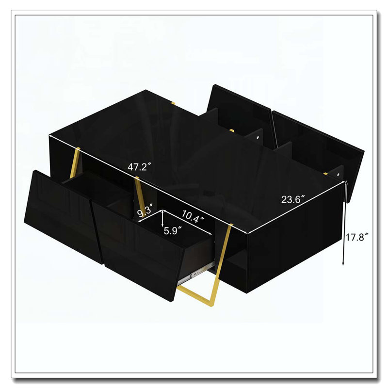 Table basse rectangulaire ultrabrillante pour le salon avec rangement et base dorée, 4 tiroirs