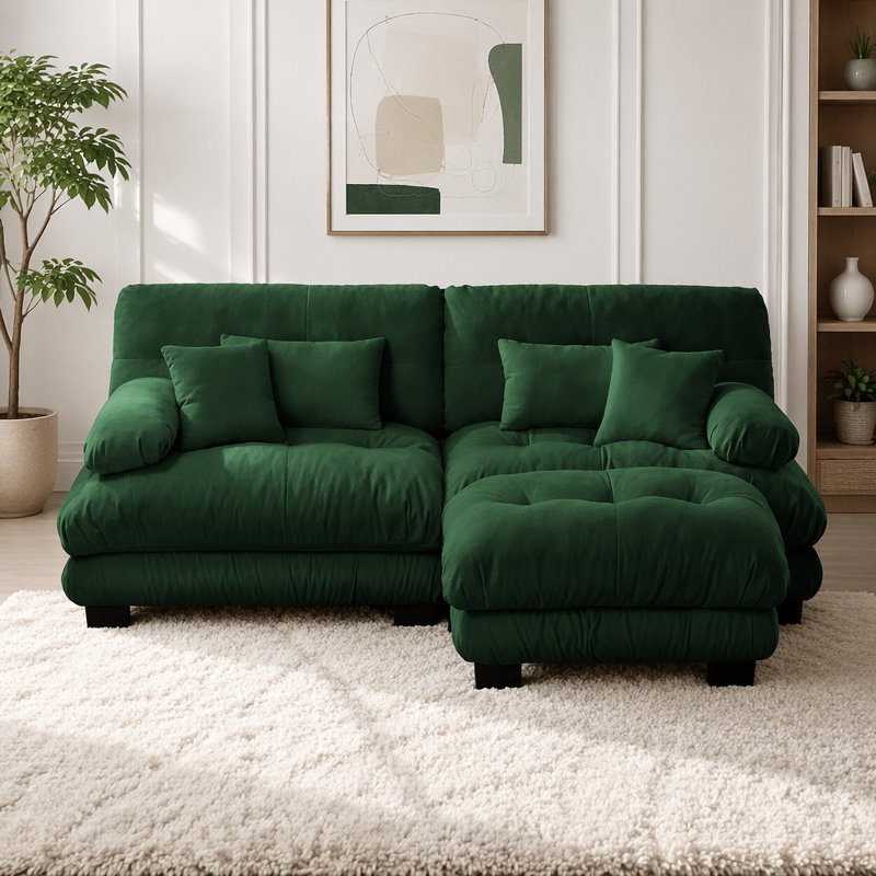 Canapé Cloud, canapé en chenille, Vert + 2 sièges + 1 fauteuil