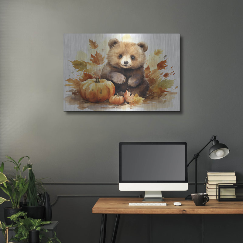 «Autumn Cub In The Leaves» par Momart, art mural en métal, H 24 po x l 36 po