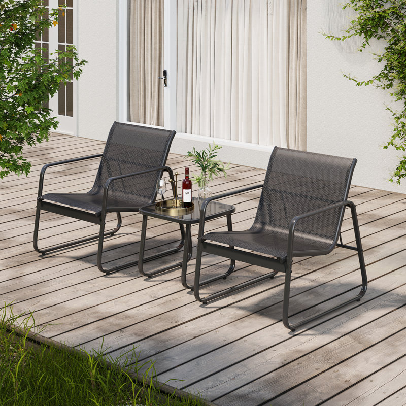 2 Person Outdoor Seating Set with Weather Resistant Frame and Durable Mesh Fabric 3 Piece Set, Black