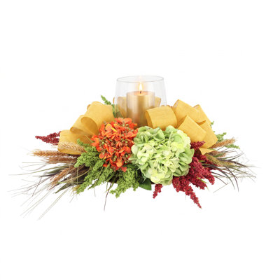 Fall Candleholder Centerpiece with Hydrangeas, Wheat and Pinecones