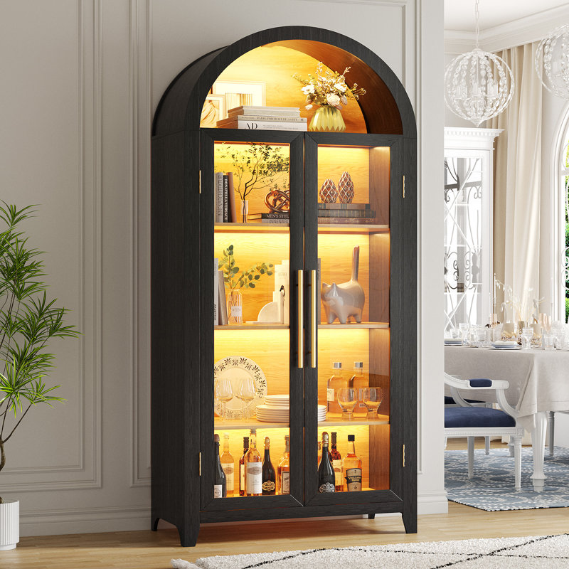 Freestanding Arch Display Cabinet with 3-Color Light Modes and Motion Sensor, Black/Wood