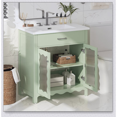 Meuble-lavabo de 30 pouces avec verre trempé, armoire moderne avec pieds en bois d'hévéa et portes à fermeture en douceur pour un rangement élégant