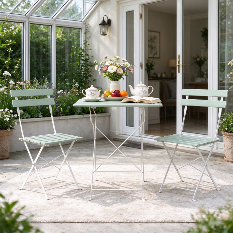 Outdoor Bistro Set Folding Patio Furniture Set with 2 Chairs Table for 2 People White and Green