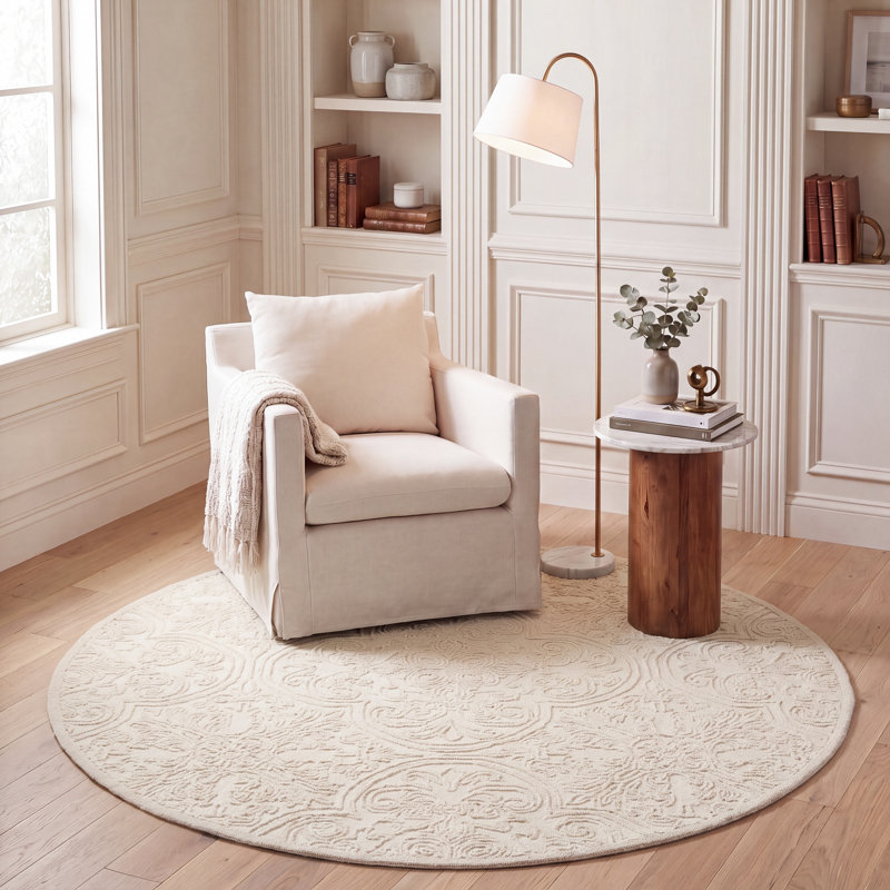 Marys Trace Hand Tufted Wool And Cotton With Latex Floral Rug, Ivory, Round 6'