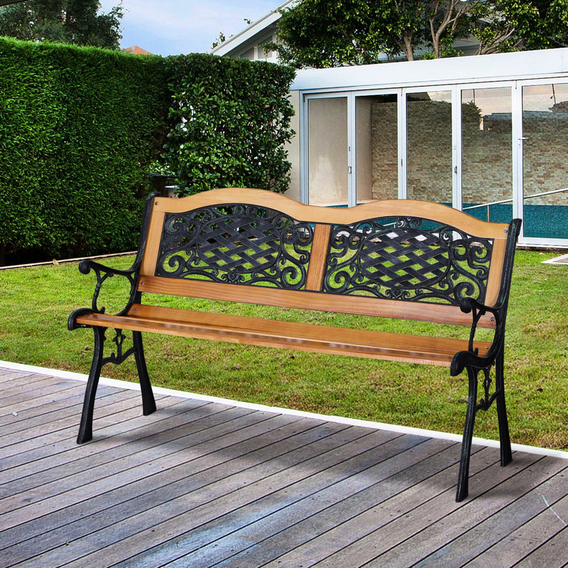 50" Outdoor Garden Seat Bench, Wood Slat With Metal Base, Relaxing For Backyard, Deck, Lawn, Poolside, Natural Finish Bench 50", Frame, Elegant Pool Area, Antique-Flourish Design,