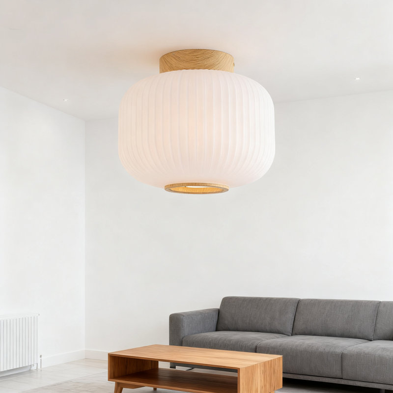 Mid Century Modern Flush Mount Ceiling Light With Frosted Milk Glass And Wood Ribbed Design For Soft Ambient Lighting In Hallway Bedroom Foyer