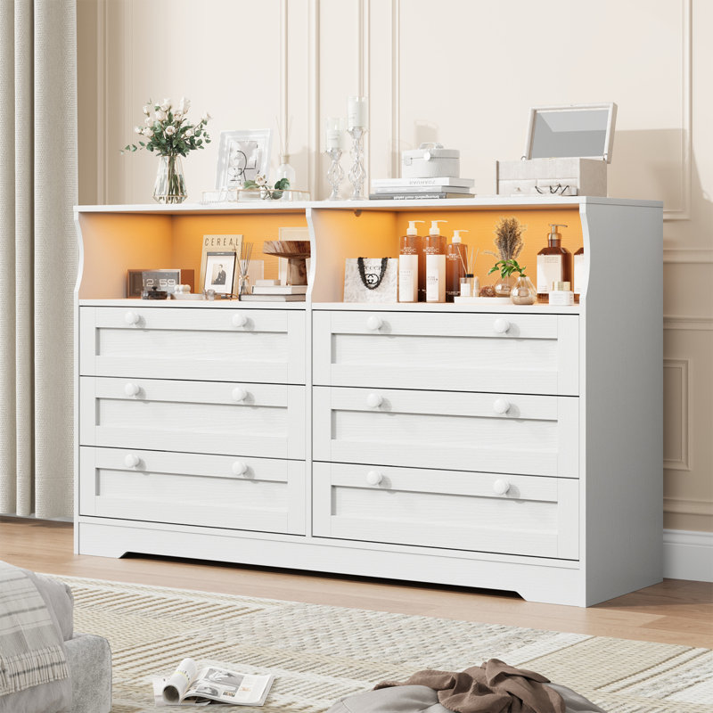 Modern 6-Drawer Dresser with LED Lights and Power Outlet – Wooden Storage, TV Stand for Bedroom, White