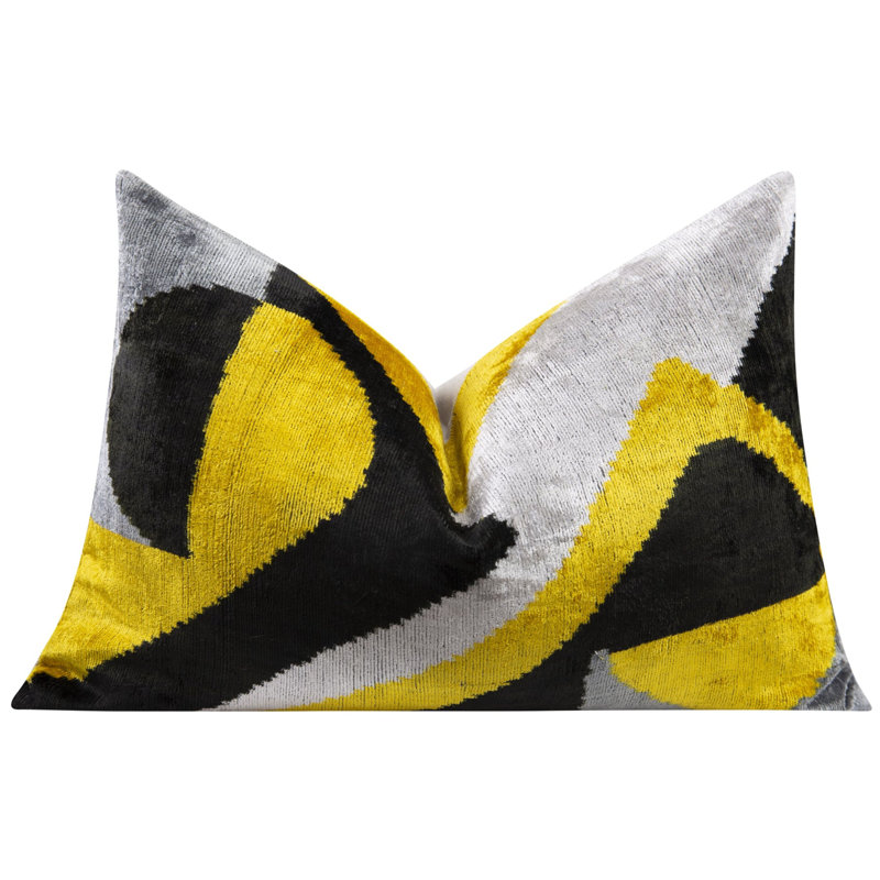 Coussin décoratif en velours de luxe fait à la main - 16 x 24 pouces, teint naturellement végétal, avec duvet de plumes de qualité supérieure - décor géométrique moderne jaune, noir et gris