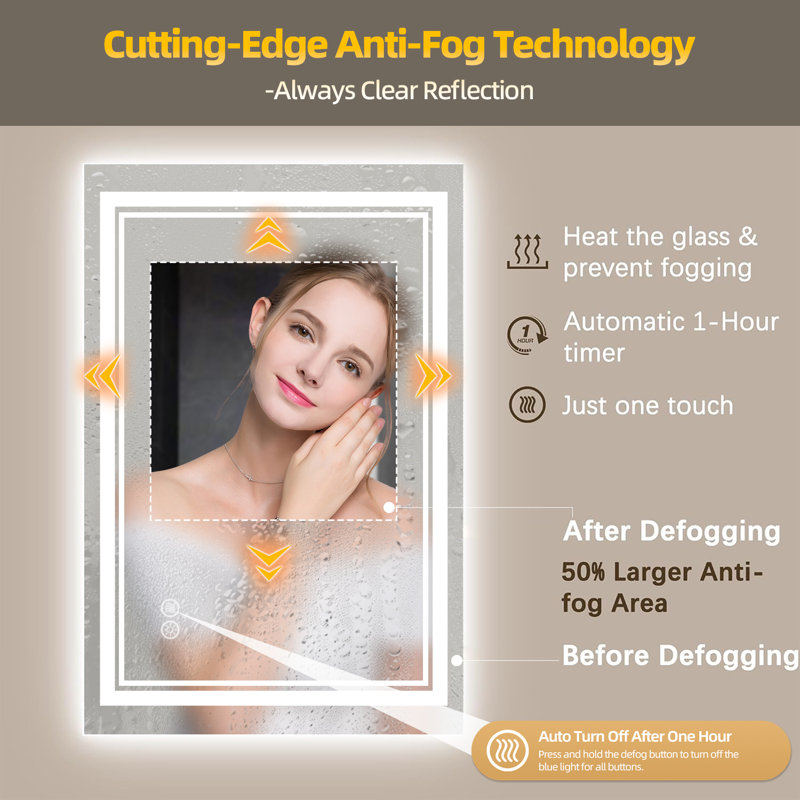 High brightness intelligent defog dimmable memory function LED bathroom mirror easy to install, 31.8" x 24.2"