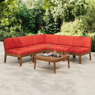 GRENADA 5 SEATER ACACIA WOOD SECTIONAL ARMLESS SOFA SET, TEAK;RED