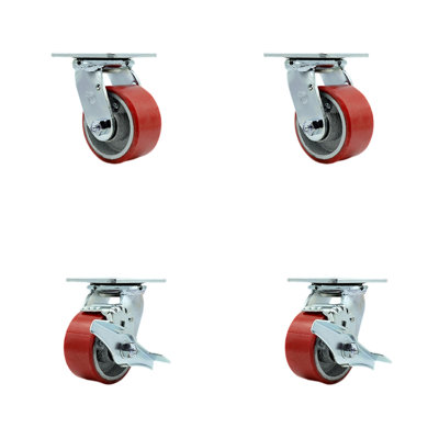4 Piece Poly on Cast Iron Swivel Caster Set with Ball Bearings 2 Brakes