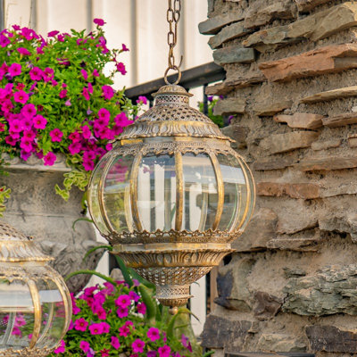 19in. Tall Large Hanging Round Iron/Glass Terrarium/Lantern with Stand