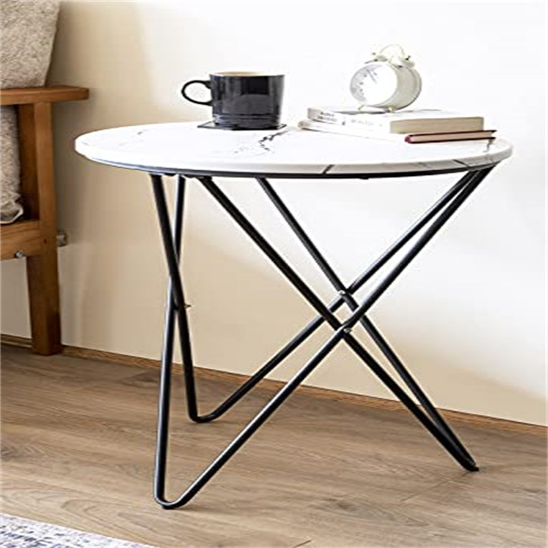 Modern Retro Marble Effect Round Coffee , Metal Legs With A Black Coated Finish, (80Cm X 45Cm)