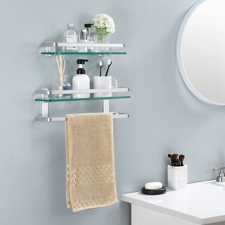 Glass Bathroom Shelf, Tempered Glass Floating Bathroom Shelf with Towel Bar Rectangular Wall Mounted Rustproof Sand Sprayed Aluminum Silver. Latitude
