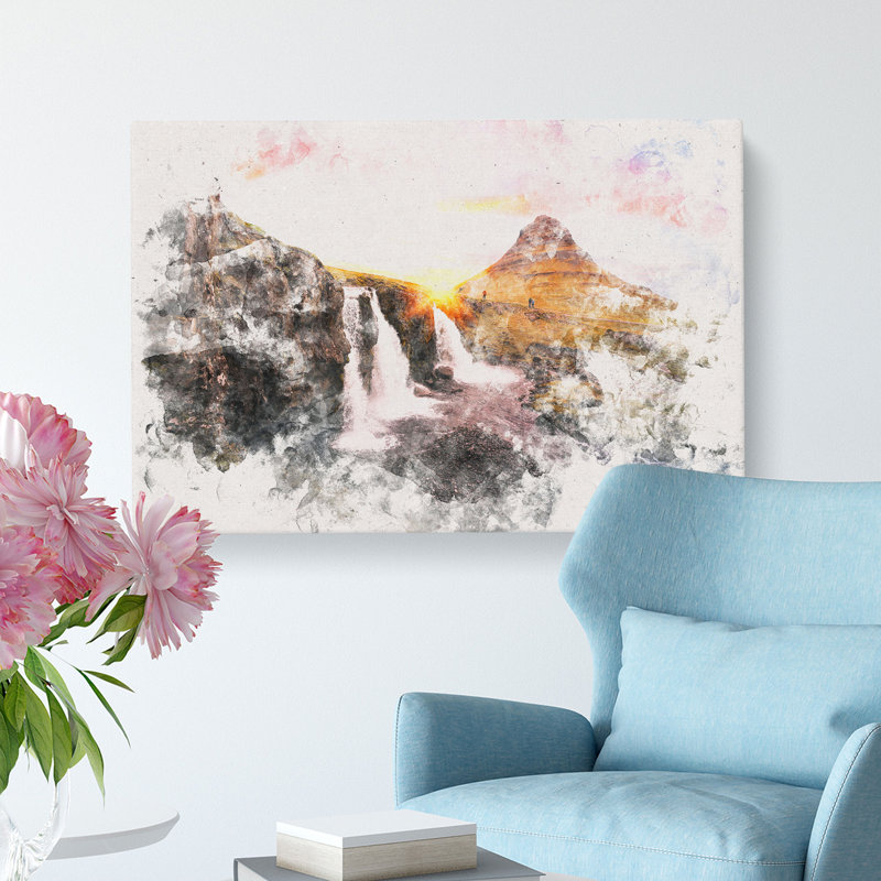 Kirkjufell Waterfalls & Mountain Watercolour - Wrapped Canvas, 60cm H x 91cm W x 3cm D