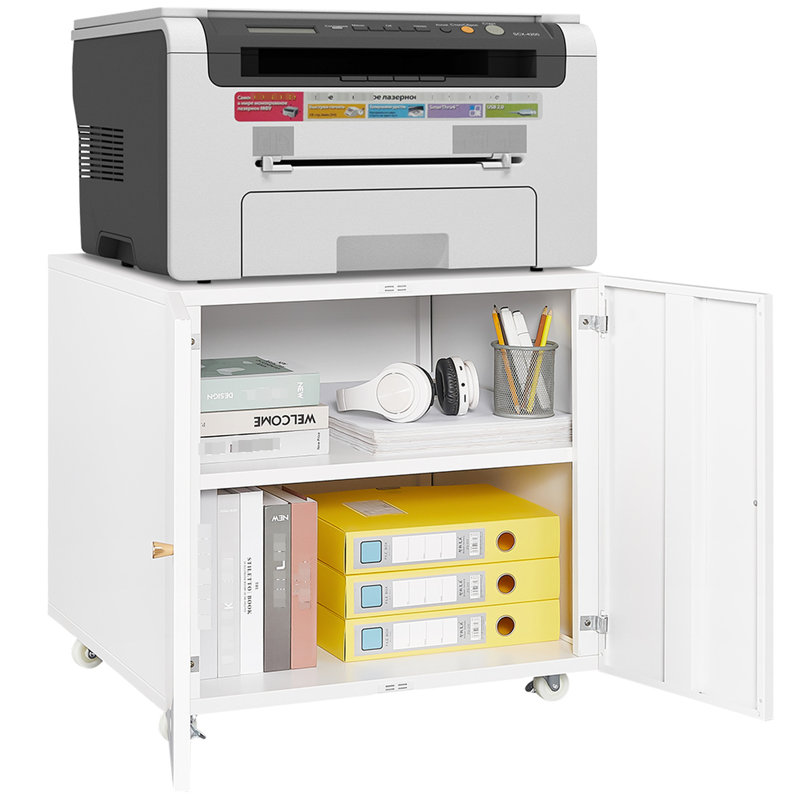 White Metal Office File Cabinet With Adjustable Partition & 360 Rotation Wheels Mobile Storage -, White