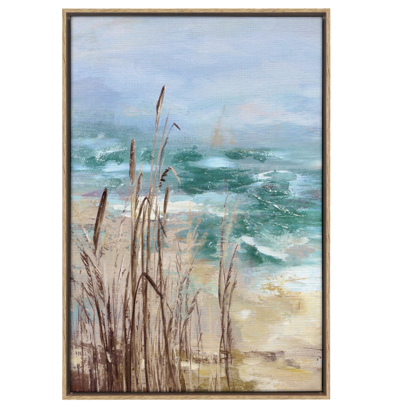 Art mural sur toile 16 x 24 avec sable, océan, ciel et herbes hautes avec des accents peints à la main - art mural plage côtière