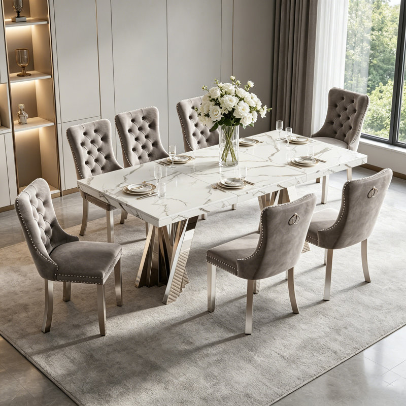 Modern Faux Marble Dining Table Set, Luxury 70.8" Dining Room Table with Velvet Upholstered Chairs, Luxurious Kitchen Table with Lightning Stainless Steel Pedestal, Rectangle Dining Table Set