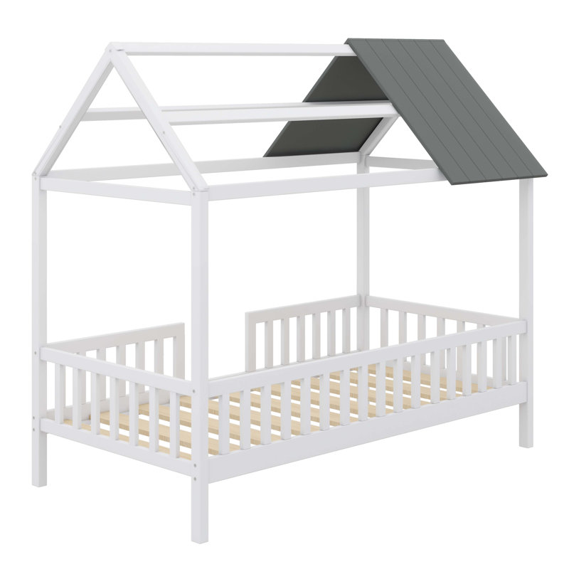 Lit simple en bois avec clôture de protection, Blanc / Gris