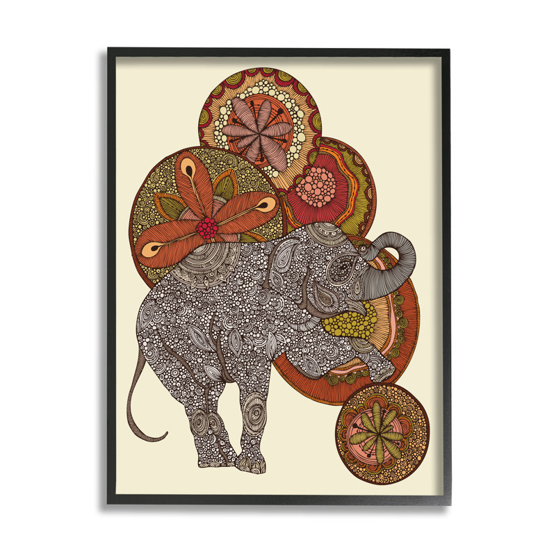 Éléphant et boule, détails de mandala, fractales, formes florales par Valentina Harper - cadre flottant, impression sur toile