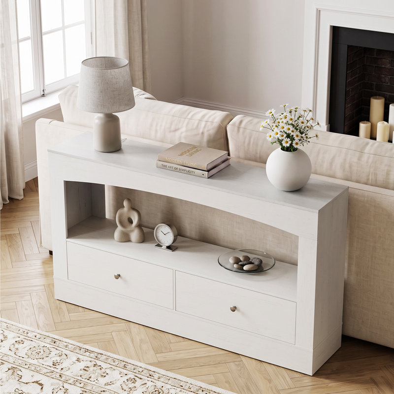 Console moderne de 160 cm (63 po) avec 2 tiroirs et une tablette ouverte, idéale pour l'entrée, grande capacité de charge, blanc antique