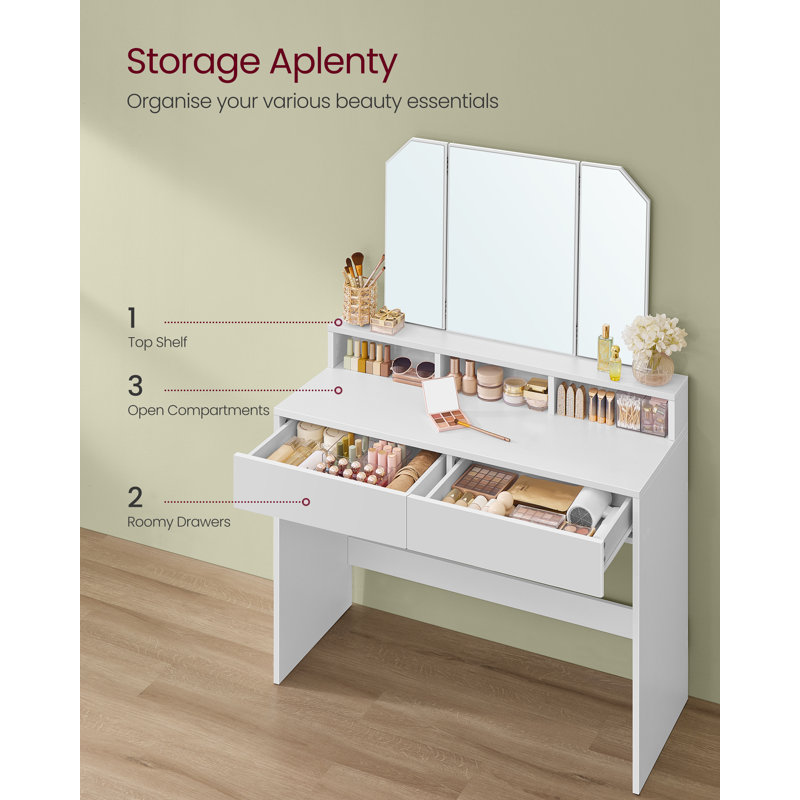 Bureau de coiffeuse VASAGLE, coiffeuse avec miroir à trois volets, coiffeuse de maquillage, 2 tiroirs et 3 compartiments ouverts, coiffeuse, style moderne