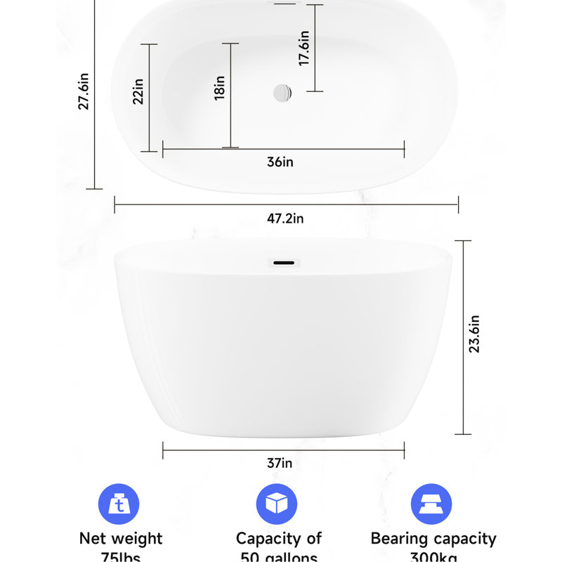 47'' Acrylic Freestanding Tub - Oval Shape, Hygienic Bathing Option, Overflow, Soaking White, Modern Design, Bathroom