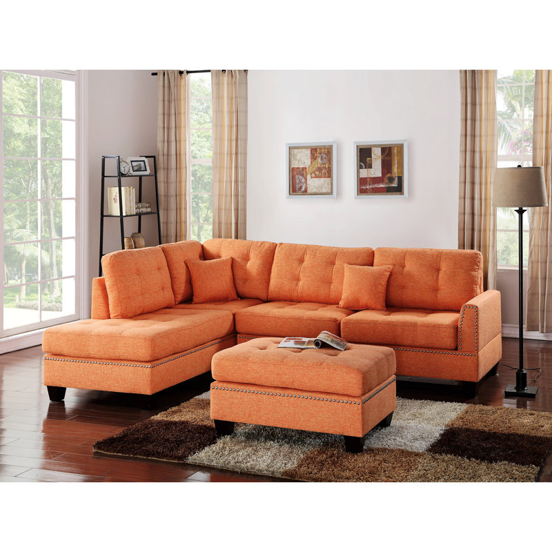 Ensemble de canapé modulaire réversible de style moderne pour l'intérieur, 3 pièces avec repose-pieds de couleur agrume, parfait pour les espaces de vie modernes et confortables