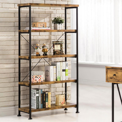 Bibliothèque antique en muscade et noire avec 4 tablettes, rehaussant l'aspect rustique du bureau à domicile et du salon à 4 tablettes en noir, convient aux décors contemporains