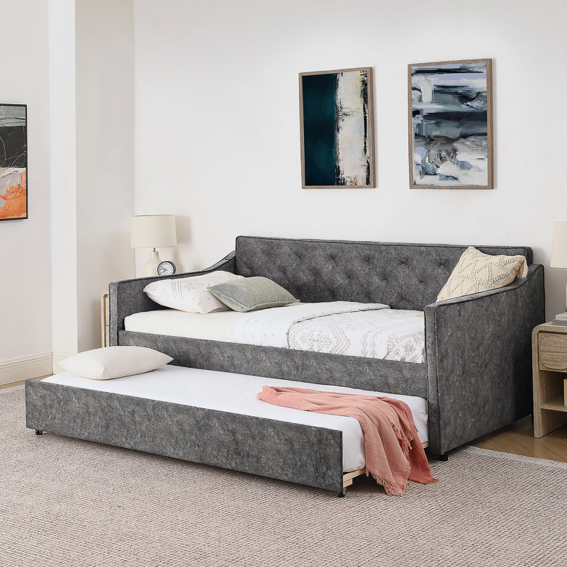 Twin Size Upholstery Daybed With Twin Size Pop-Up Trundle And USB Charging Design, Gray