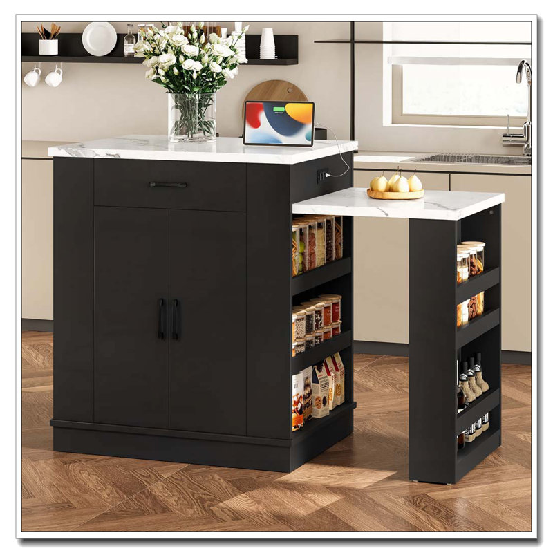 Console d'îlot extensible avec tiroirs, armoire à deux portes et tablettes ouvertes, Noir / blanc