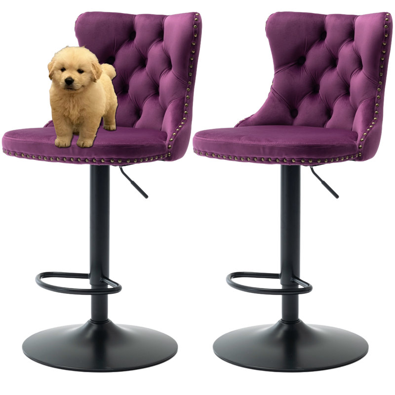 Modern Velvet Swivel Adjusatble Height Bar Stools Set of 2, Purple