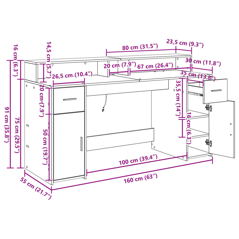 Desk Black Oak 55x91 Cm Engineered Wood, 91cm H x 160cm W x 55cm D