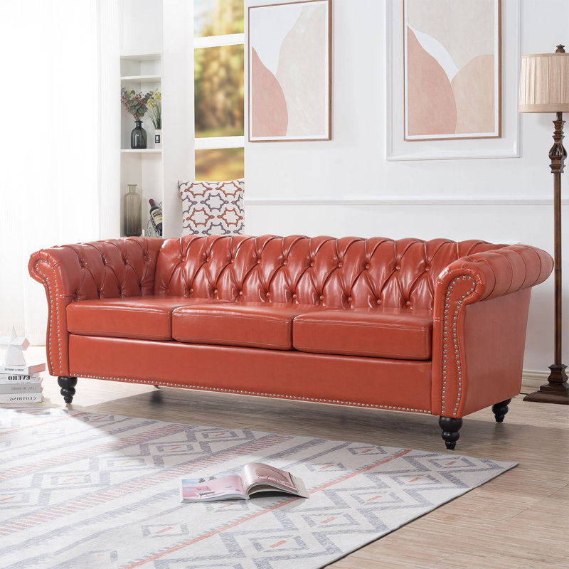 Upholstered 84.65'' Sofa, Orange Faux Leather
