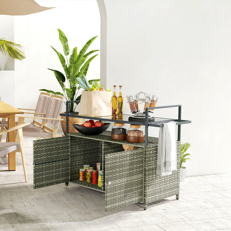 Table de bar d'extérieur en osier avec tablette à 2 niveaux et armoire, gris mélangé