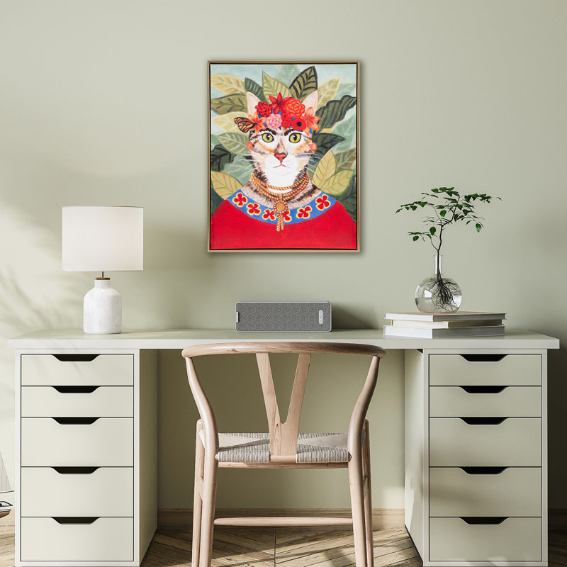 «Dynamic Bohemian Cat In Art», 16,5 po x 20,5 po, cadre doré, tête florale, art mural sur toile, 16,5 po x 20,5 po, intérieur