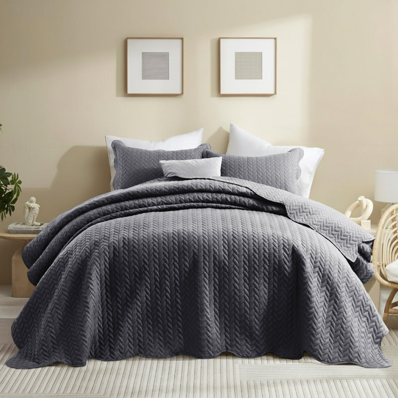 Microfiber Embossed Oversized Modern & Contemporary Bedspread Set With Shams, California King Bedspread + 2 Pillowcases