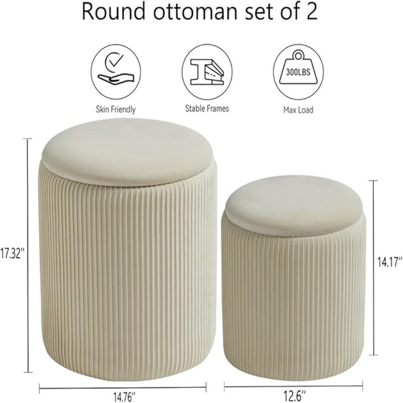 Cream Velvet Round Ottoman Set with Hidden Storage