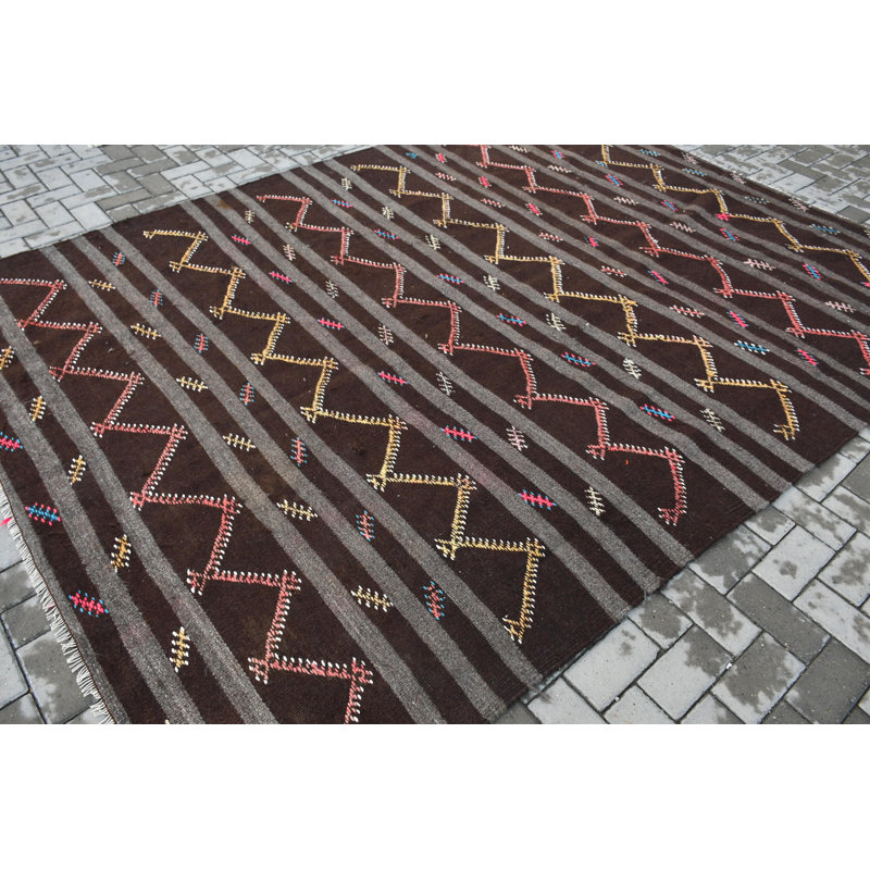 Tapis kilim turc tissé à la main avec un motif géométrique de style bohémien en laine rétro