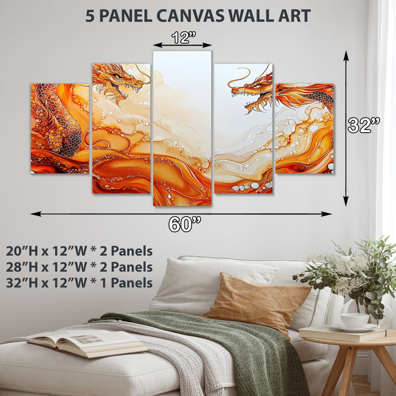 Drifting Fury Reverie Of Dragons II - Dragons Wall Art Living Room 5 Panneaux