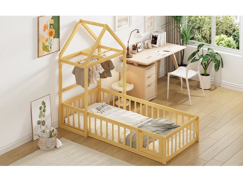 Lit de plancher en bois avec rampes de clôture et tête de lit détachable en forme de maison, lit de taille avec support pour enfants, structure de maison de jeu pour enfants Montessori,