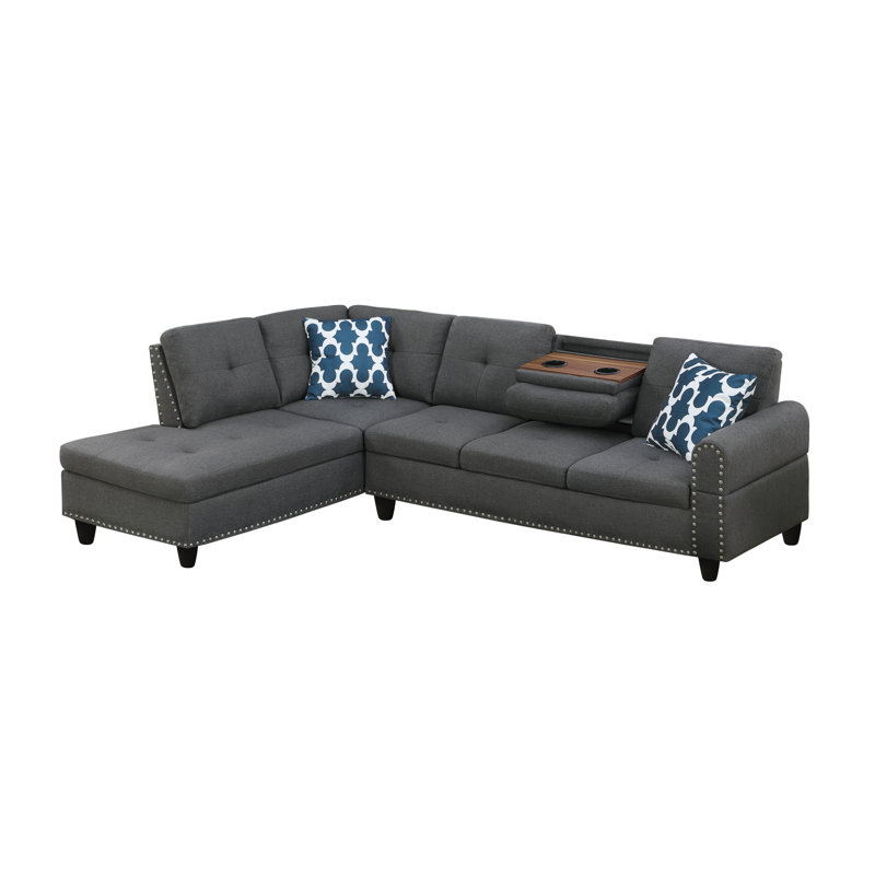 Antoneta Upholstered L-Shaped Sectional Left Hand Facing, Black Linen, Blue
