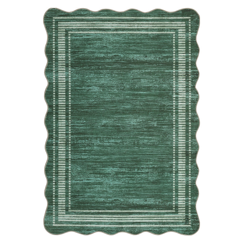 Scalloped Edge Area Rug 8' x 10' Low-Pile Stain-Resistant Fabric Non-Slip Backing Neutral Green Carpet for Living Room Bedroom and Nursery