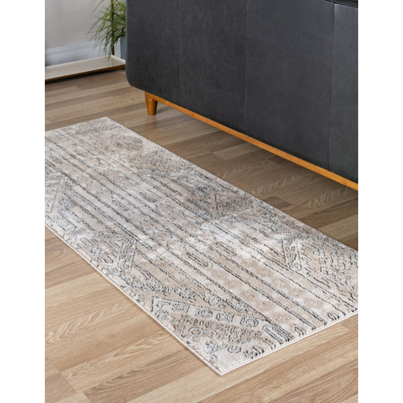 Tapis contemporain Wenden de couleur crème, Tapis de couloir 2 pi 7 po x 13 pi 1 po