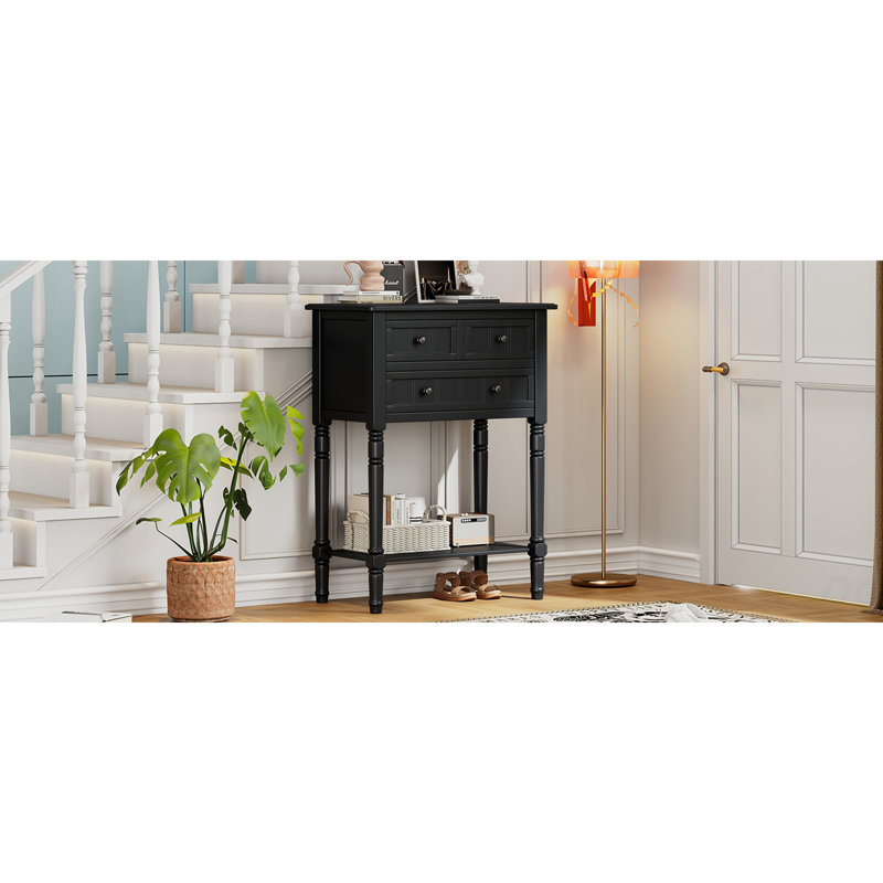Table basse noire à 3 tiroirs et peu encombrante Tablette inférieure - cadre en bois massif pour espaces de vie étroits, assemblage facile